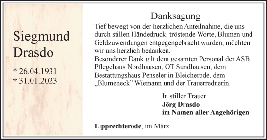 Traueranzeige von Siegmund Drasdo von Thüringer Allgemeine