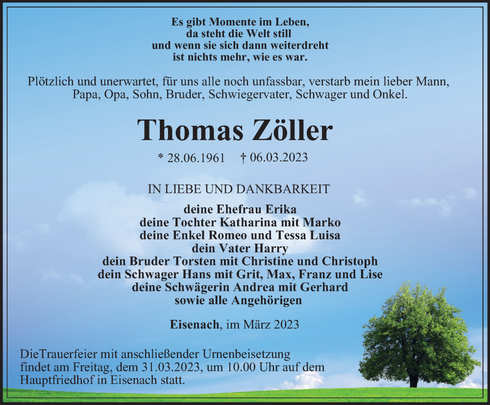  Traueranzeige für Thomas Zöller vom 25.03.2023 aus Thüringer Allgemeine, Thüringische Landeszeitung