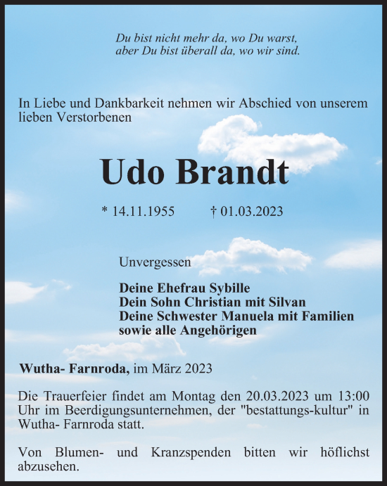 Traueranzeige von Udo Brandt von Thüringer Allgemeine, Thüringische Landeszeitung