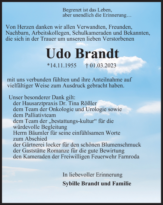 Traueranzeige von Udo Brandt von Thüringer Allgemeine, Thüringische Landeszeitung