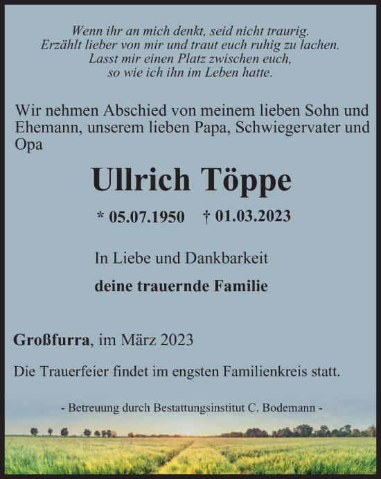 Traueranzeige von Ullrich Töppe