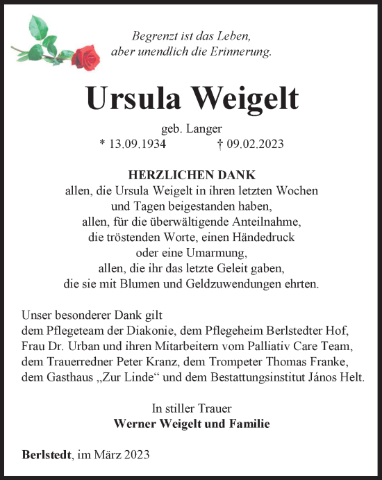 Traueranzeige von Ursula Weigelt von Thüringer Allgemeine, Thüringische Landeszeitung