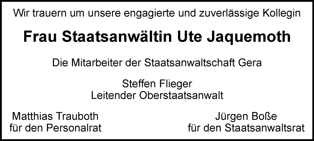  Traueranzeige für Ute Jaquemoth vom 18.03.2023 aus Ostthüringer Zeitung