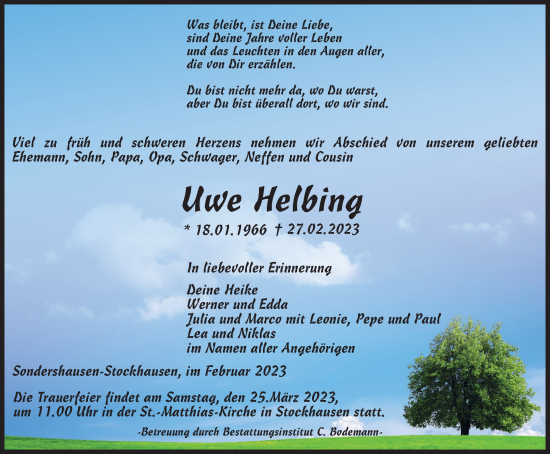 Traueranzeige von Uwe Helbing