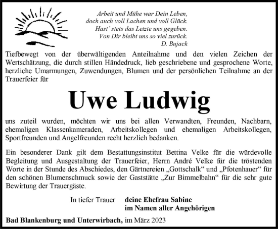 Traueranzeige von Uwe Ludwig von Ostthüringer Zeitung