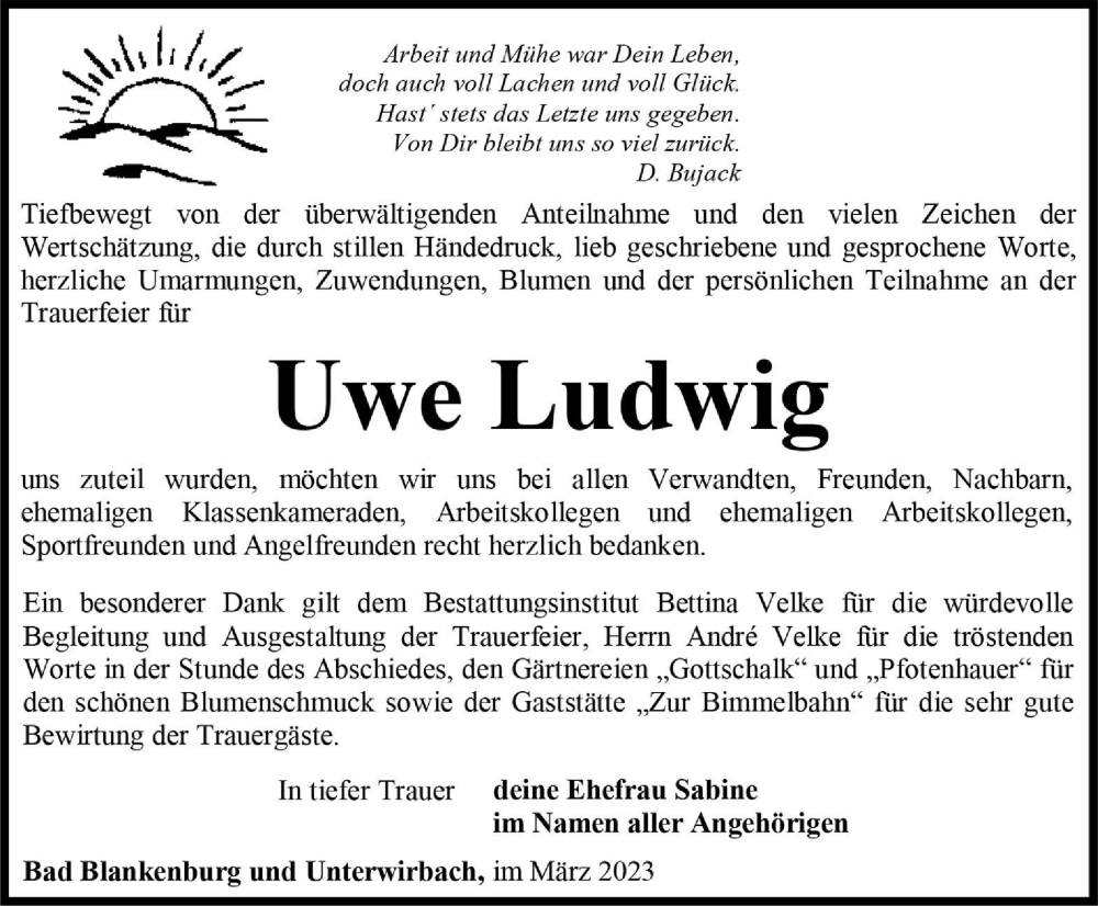  Traueranzeige für Uwe Ludwig vom 18.03.2023 aus Ostthüringer Zeitung
