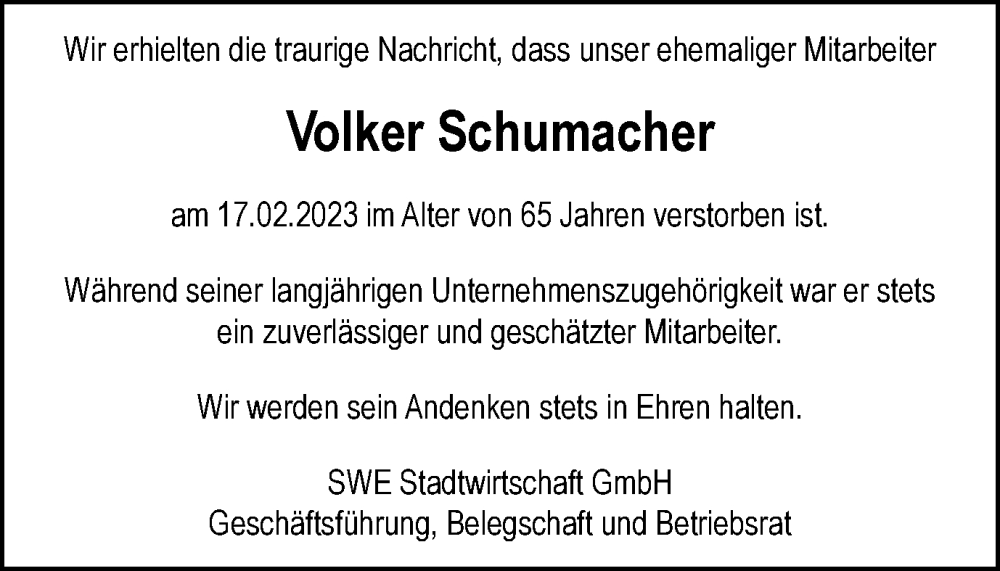 Traueranzeigen von Volker Schumacher trauerinthueringen.de