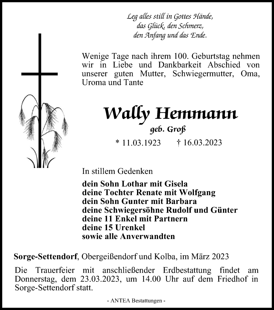  Traueranzeige für Waffy Hemmann vom 18.03.2023 aus Ostthüringer Zeitung