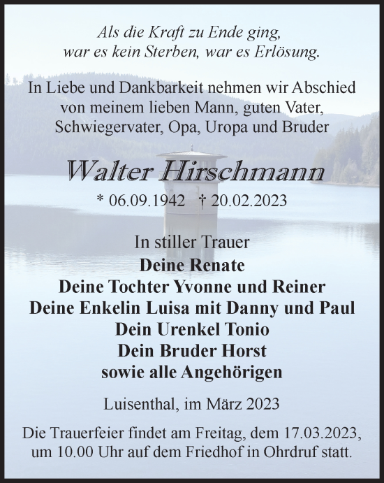 Traueranzeige von Walter Hirschmann von Thüringer Allgemeine, Thüringische Landeszeitung