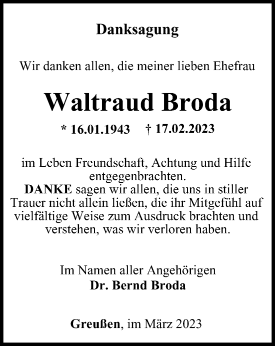 Traueranzeige von Waltraud Broda