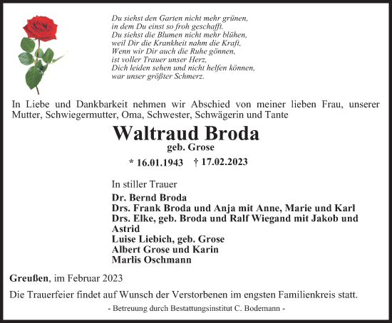 Traueranzeige von Waltraud Broda