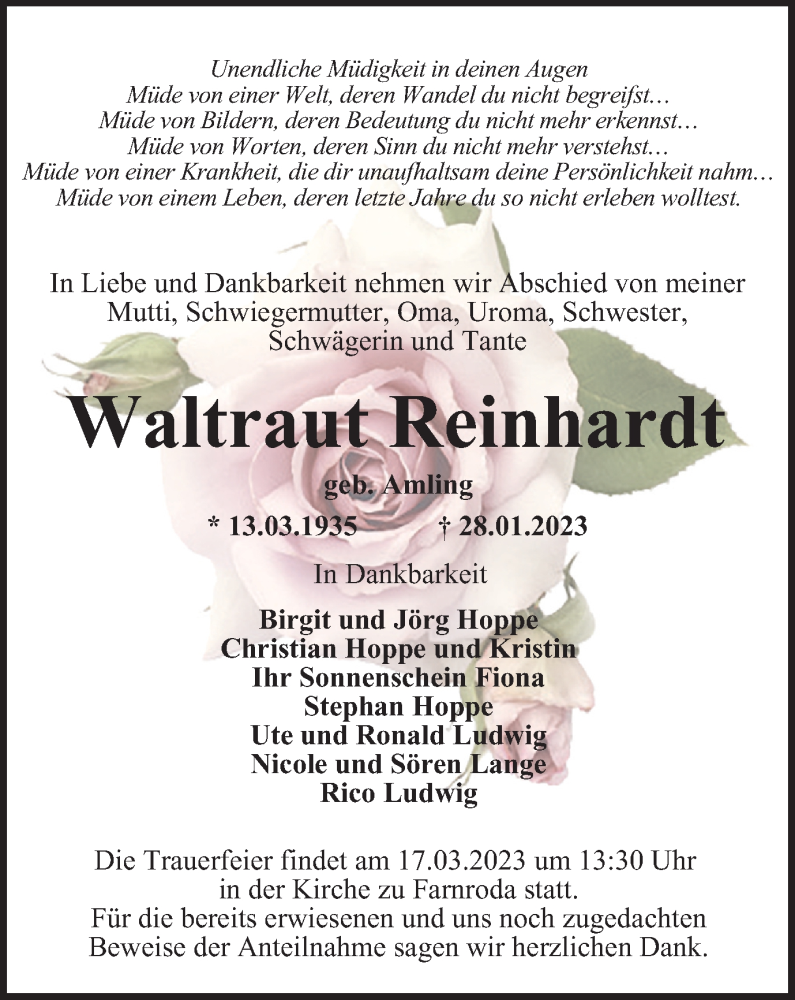  Traueranzeige für Waltraut Reinhardt vom 11.03.2023 aus Thüringer Allgemeine, Thüringische Landeszeitung