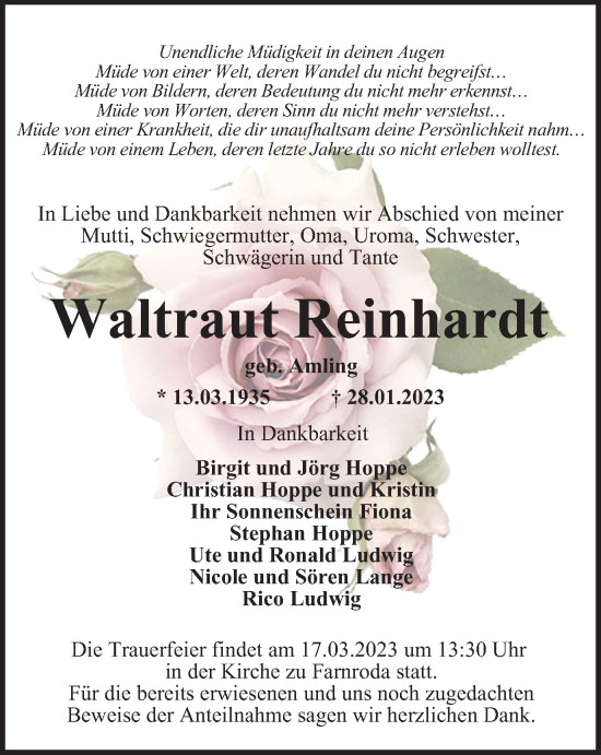 Traueranzeige von Waltraut Reinhardt von Thüringer Allgemeine, Thüringische Landeszeitung