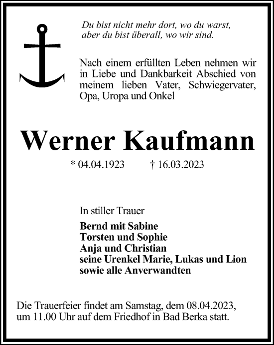 Traueranzeige von Werner Kaufmann von Thüringer Allgemeine, Thüringische Landeszeitung