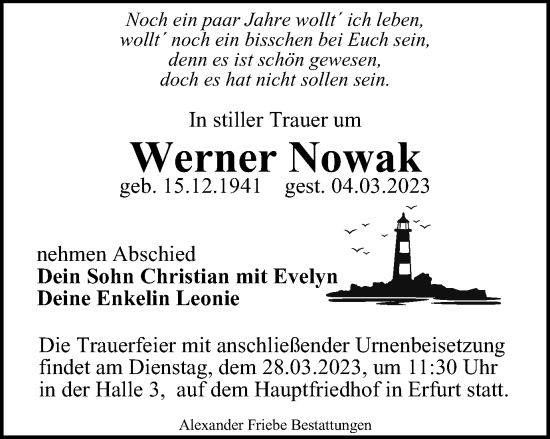 Traueranzeige von Werner Nowak von Thüringer Allgemeine, Thüringische Landeszeitung