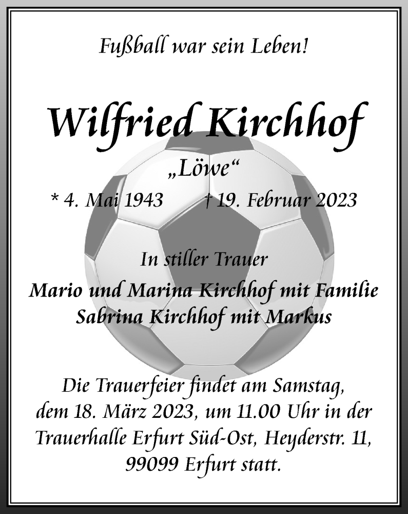  Traueranzeige für Wilfried Kirchhof vom 11.03.2023 aus Thüringer Allgemeine, Thüringische Landeszeitung