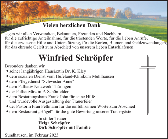 Traueranzeige von Winfried Schröpfer von Thüringer Allgemeine, Thüringische Landeszeitung