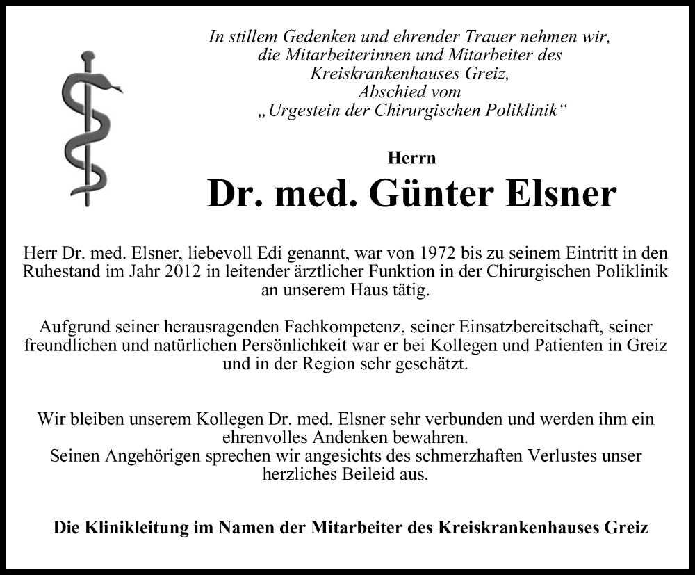  Traueranzeige für Dr. med. Günter  Elsner vom 15.04.2023 aus OTZ