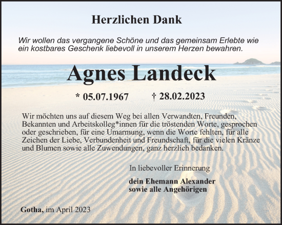 Traueranzeige von Agnes Landeck von Thüringer Allgemeine, Thüringische Landeszeitung