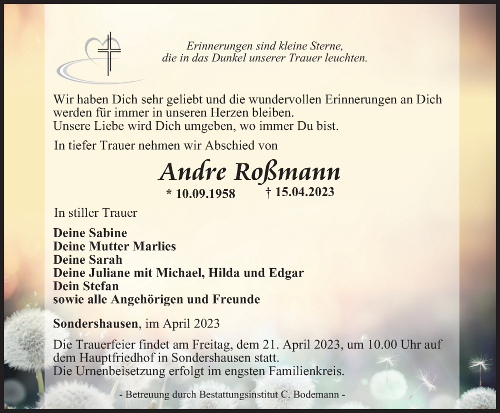 Traueranzeigen Von Andre Roßmann Trauer In Thueringende