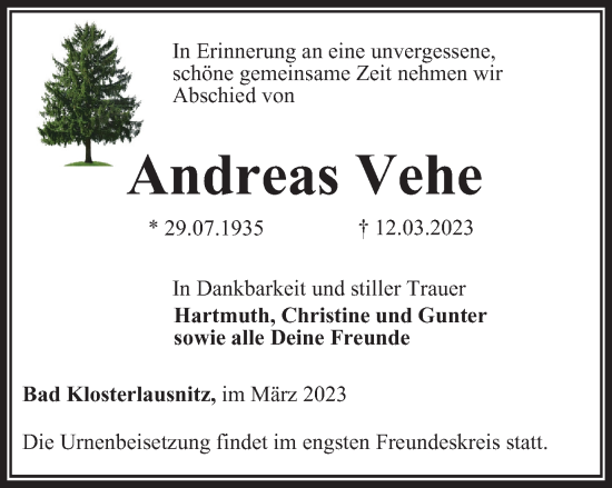 Traueranzeige von Andreas Vehe von Ostthüringer Zeitung