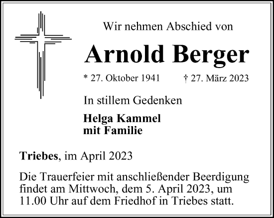 Traueranzeige von Arnold Berger von Ostthüringer Zeitung