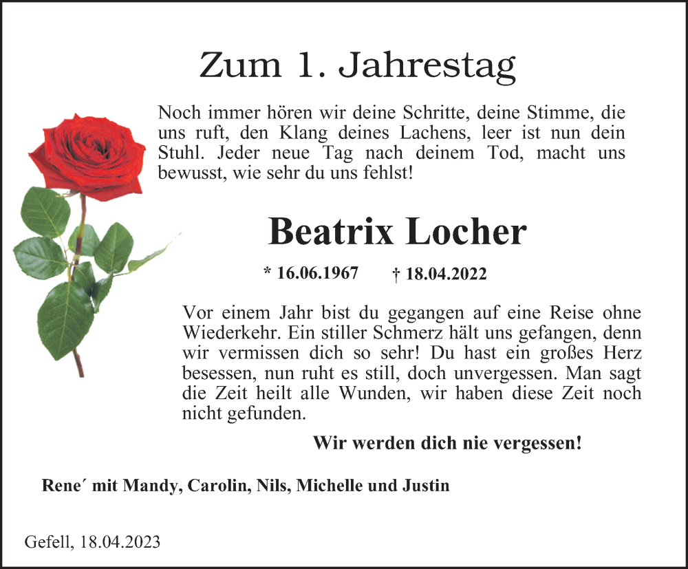 Traueranzeigen von Beatrix Locher trauer in thueringen.de