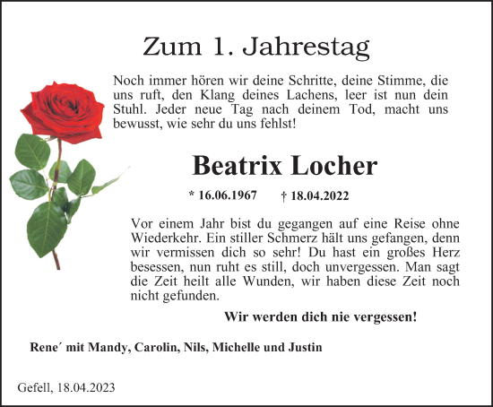 Traueranzeige von Beatrix Locher von Ostthüringer Zeitung