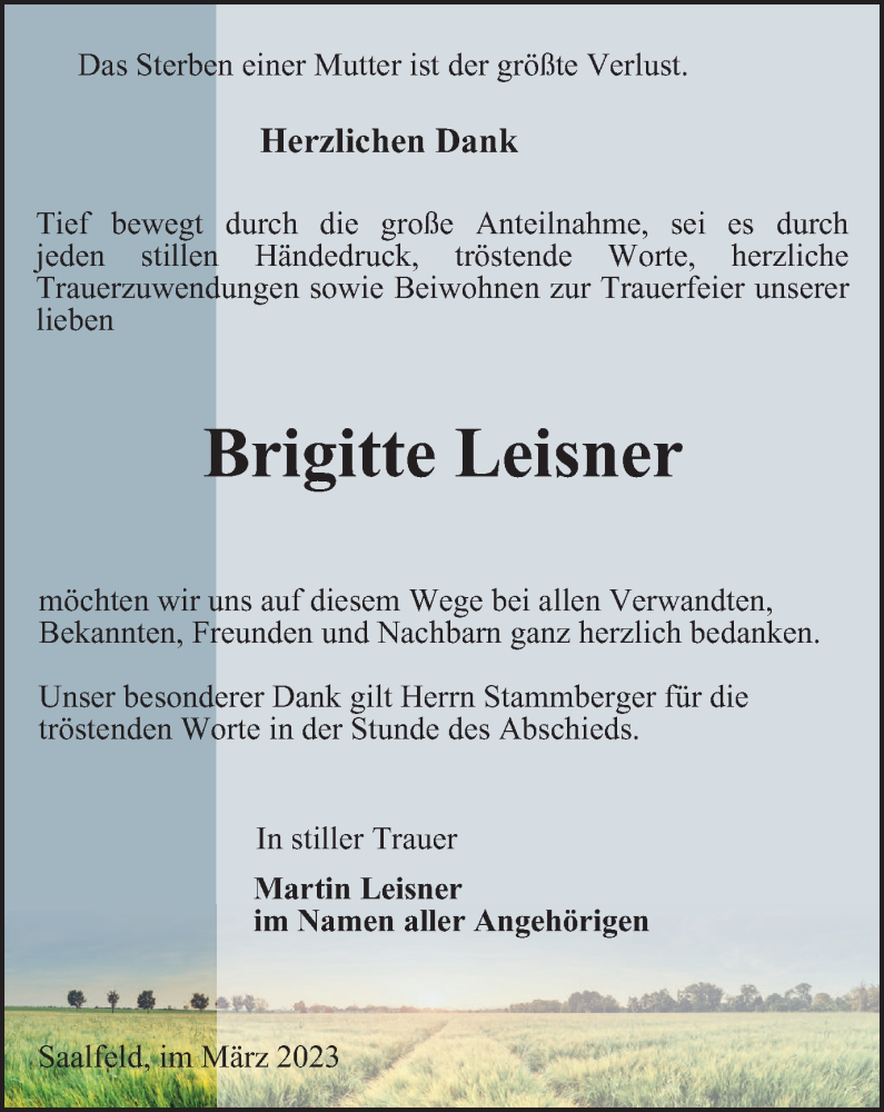  Traueranzeige für Brigitte Leisner vom 01.04.2023 aus Ostthüringer Zeitung