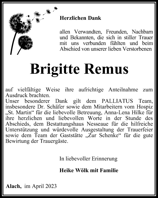 Traueranzeige von Brigitte Remus von Thüringer Allgemeine, Thüringische Landeszeitung