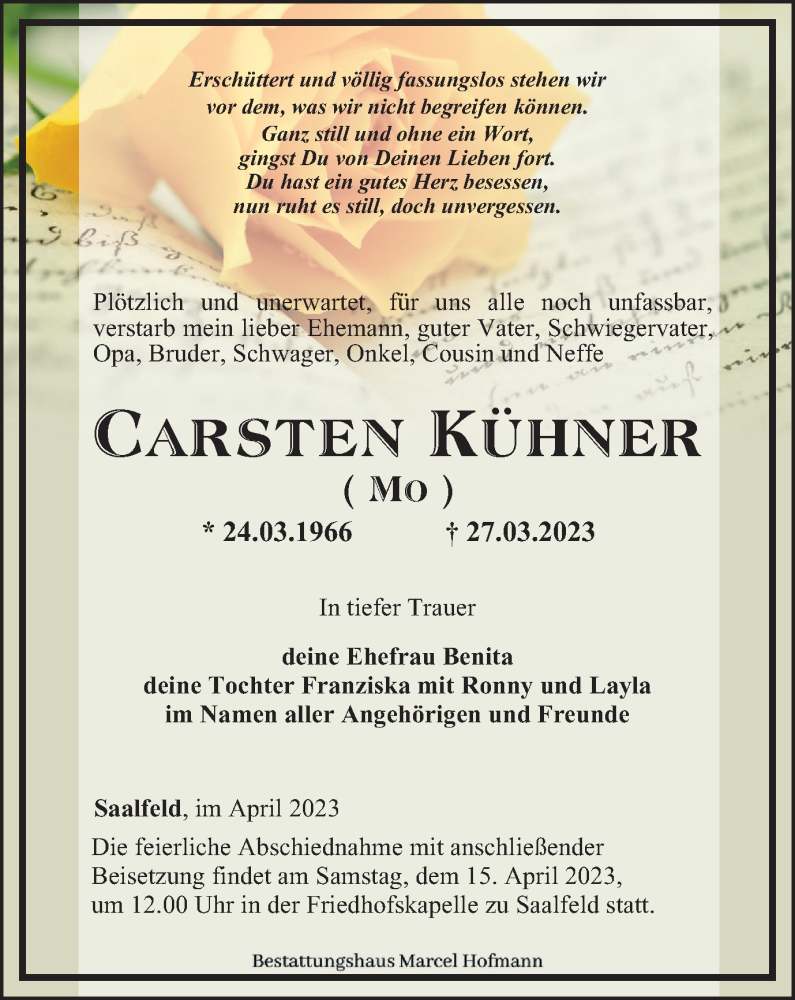  Traueranzeige für Carsten Kühner vom 01.04.2023 aus Ostthüringer Zeitung
