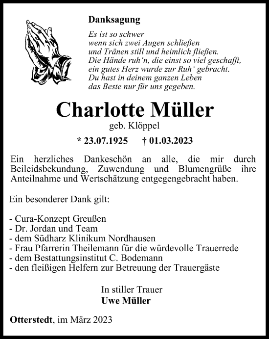 Traueranzeige von Charlotte Müller