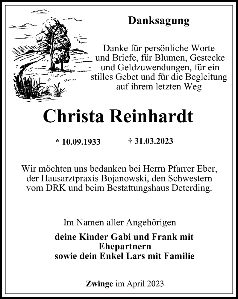  Traueranzeige für Christa Reinhardt vom 29.04.2023 aus Thüringer Allgemeine