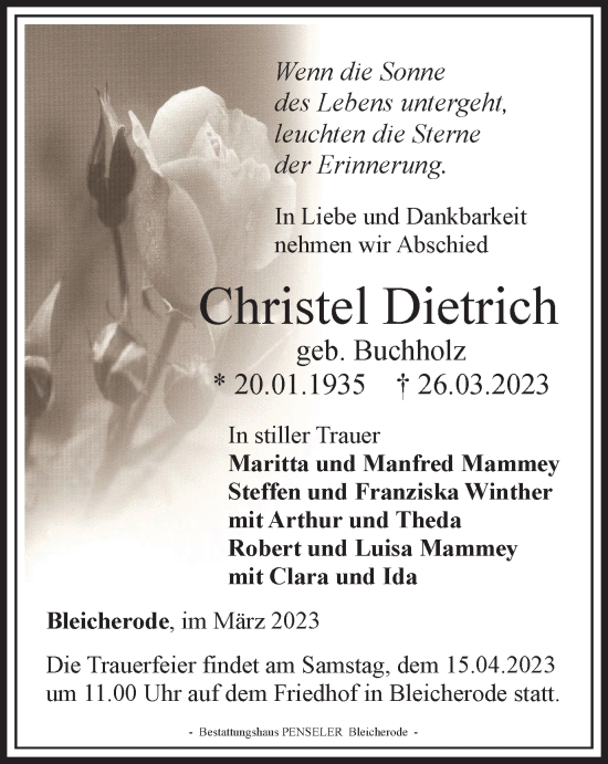 Traueranzeige von Christel Dietrich von Thüringer Allgemeine