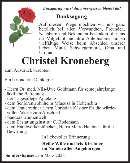 Traueranzeige von Christel Kroneberg