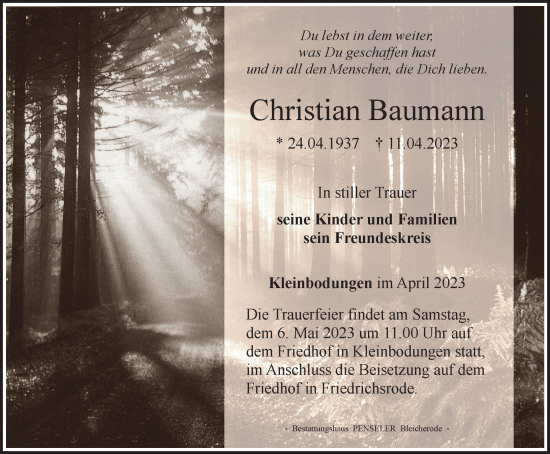 Traueranzeige von Christian Baumann von Thüringer Allgemeine