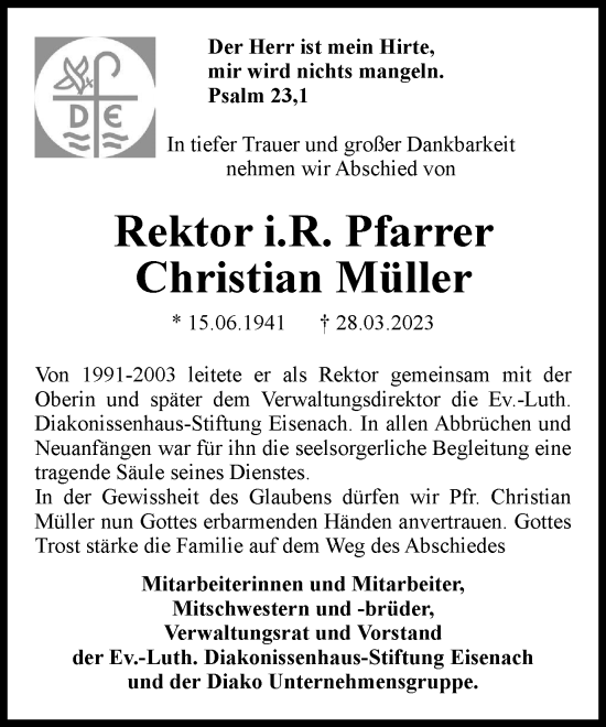Traueranzeige von Christian Müller von Thüringer Allgemeine, Thüringische Landeszeitung