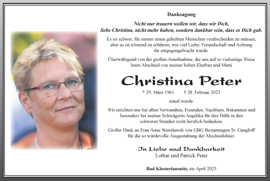 Traueranzeige von Christina Peter von Ostthüringer Zeitung