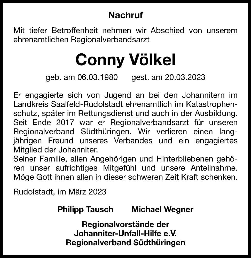  Traueranzeige für Conny Völkel vom 08.04.2023 aus Ostthüringer Zeitung