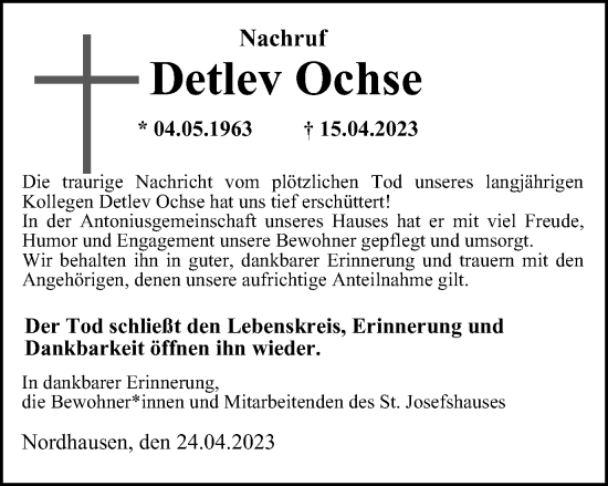 Traueranzeige von Detlev Ochse von Thüringer Allgemeine