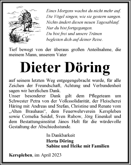 Traueranzeige von Dieter Döring von Thüringer Allgemeine, Thüringische Landeszeitung
