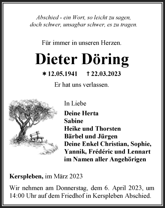 Traueranzeige von Dieter Döring von Thüringer Allgemeine, Thüringische Landeszeitung