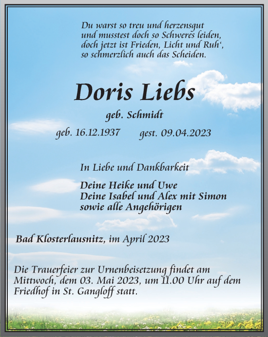 Traueranzeige von Doris Liebs von Ostthüringer Zeitung