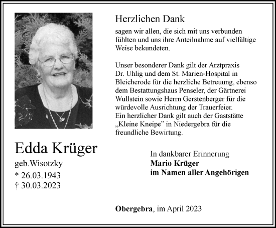 Traueranzeige von Edda Krüger von Thüringer Allgemeine