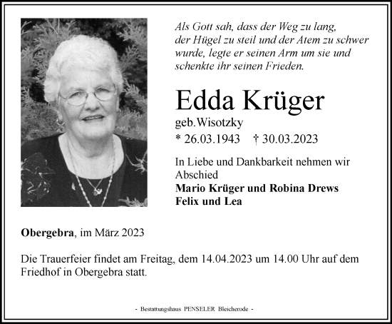 Traueranzeige von Edda Krüger von Thüringer Allgemeine