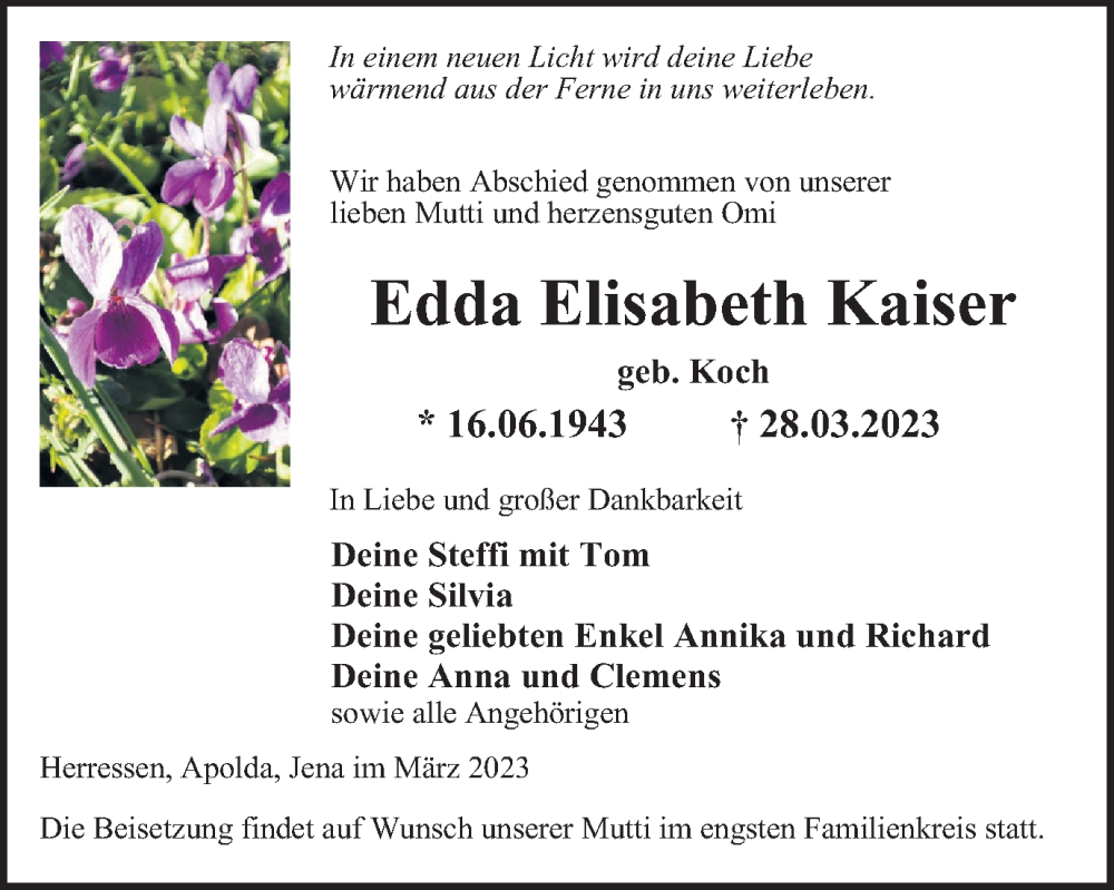  Traueranzeige für Edda Elisabeth Kaiser vom 01.04.2023 aus Thüringer Allgemeine, Thüringische Landeszeitung