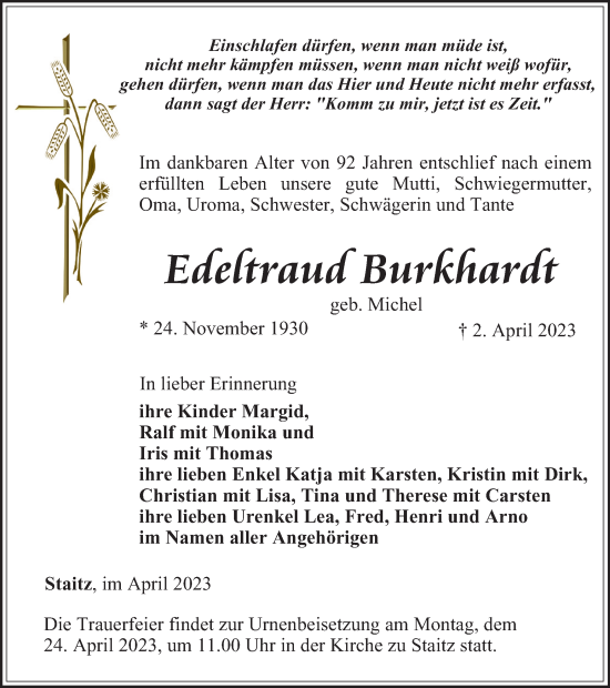 Traueranzeige von Edeltraud Burkhardt von Ostthüringer Zeitung