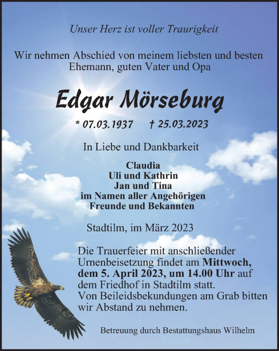 Traueranzeige von Edgar Mörseburg von Thüringer Allgemeine