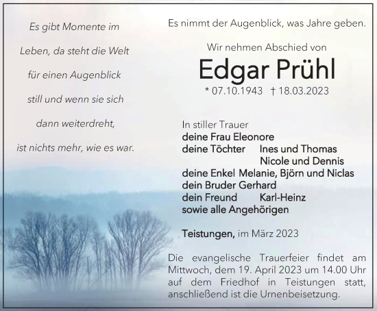 Traueranzeige von Edgar Prühl von Thüringer Allgemeine