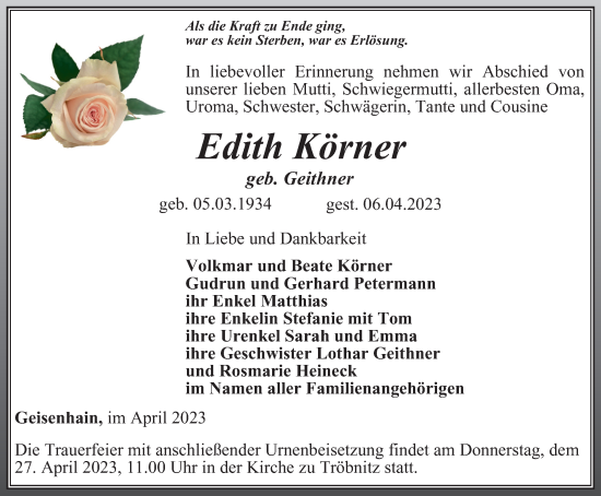 Traueranzeige von Edith Körner von Ostthüringer Zeitung